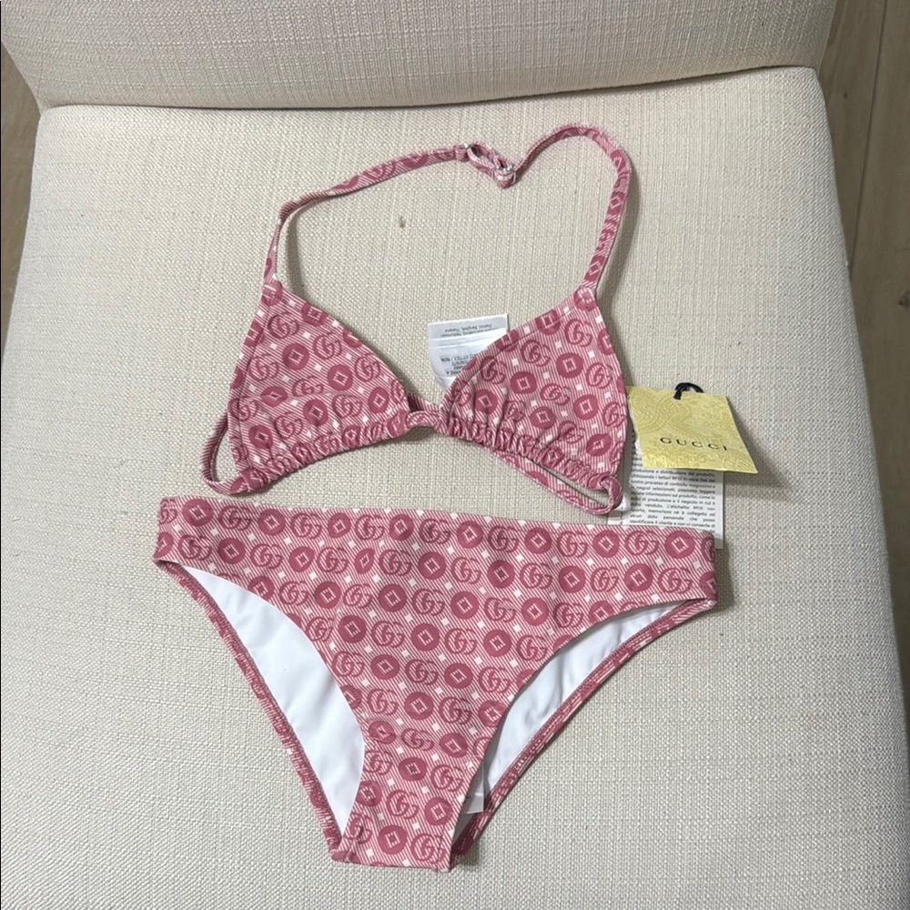 Gucci Pink and White Geometric Bikini
